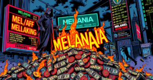 复古漫画风格插图展示Melania Meme代币团队大规模抛售，背景是下跌的市场趋势