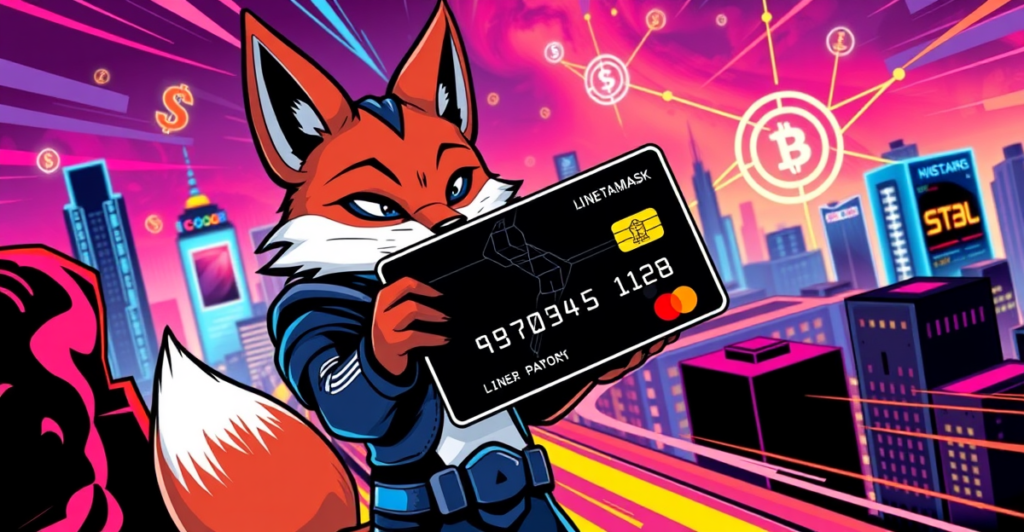 MetaMask狐狸吉祥物手持发光的加密货币支付卡，背景是数字城市和Mastercard标志