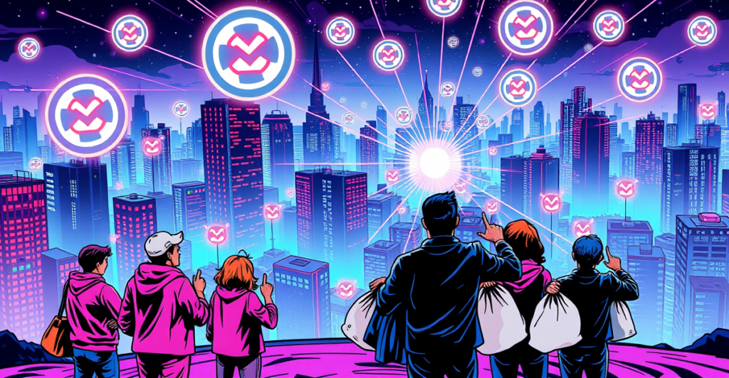 Miden区块链2500万美元投资轮的复古漫画风格封面，展示未来城市景观和零知识证明技术