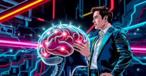 Neuralink脑机接口技术的象征性表现，展示了一个发光的脑部与数字神经通路相连，背景是霓虹赛博朋克风格。