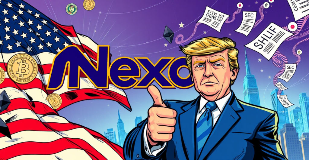 Nexo重返美国市场的复古漫画封面，展示Nexo标志、美国国旗和加密货币符号，小唐纳德·特朗普表示支持。