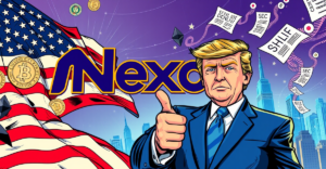 Nexo重返美国市场的复古漫画封面，展示Nexo标志、美国国旗和加密货币符号，小唐纳德·特朗普表示支持。