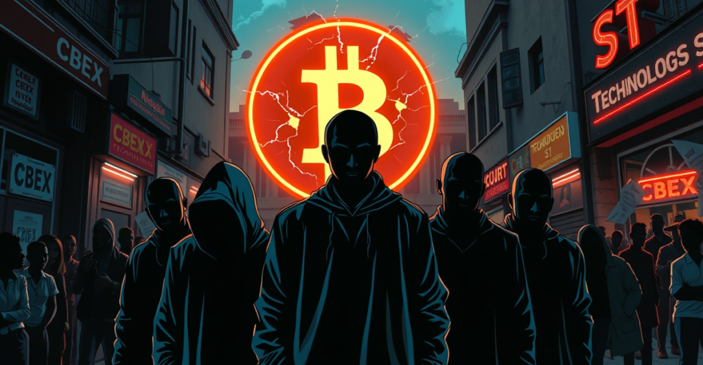 六名涉嫌尼日利亚加密货币欺诈的阴影人物站在破裂的加密货币标志前，背景是尼日利亚法院和愤怒的人群