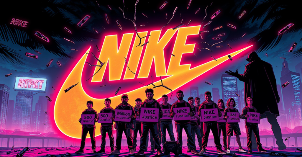 一群投资者站在破裂的Nike标志前，象征NFT集体诉讼和平台关闭的争议