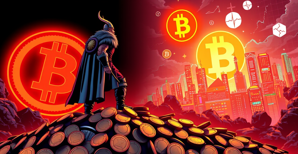 维京战士站在比特币符号前，背景是股市图表和科技公司标志，象征挪威主权财富基金的比特币投资