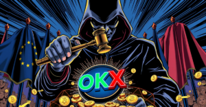 监管机构对OKX进行审查，背景为欧洲旗帜和数字货币符号