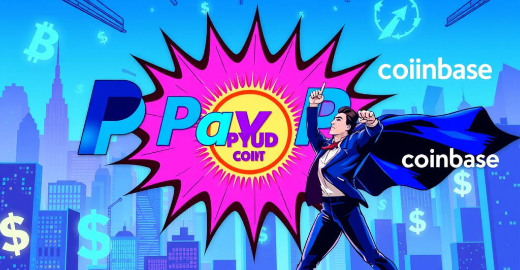 PayPal PYUSD稳定币在复古漫画风格封面上的胜利展示，背景为未来城市和区块链元素