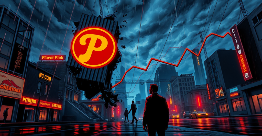 Pi Network标志在暴风雨夜中崩塌，背景是价格暴跌的图表