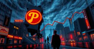 Pi Network标志在暴风雨夜中崩塌，背景是价格暴跌的图表