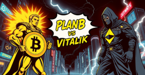复古漫画风格封面，展示比特币与以太坊之间的象征性对抗，PlanB与Vitalik Buterin的争议场景
