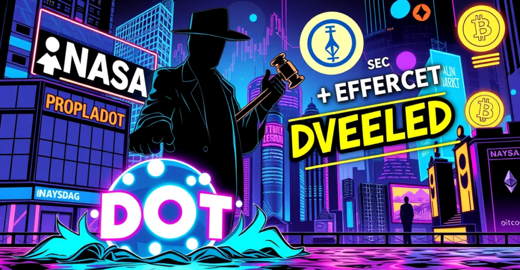 复古漫画风格插图展示SEC推迟Polkadot ETF决定，背景为霓虹灯下的未来城市和加密货币符号