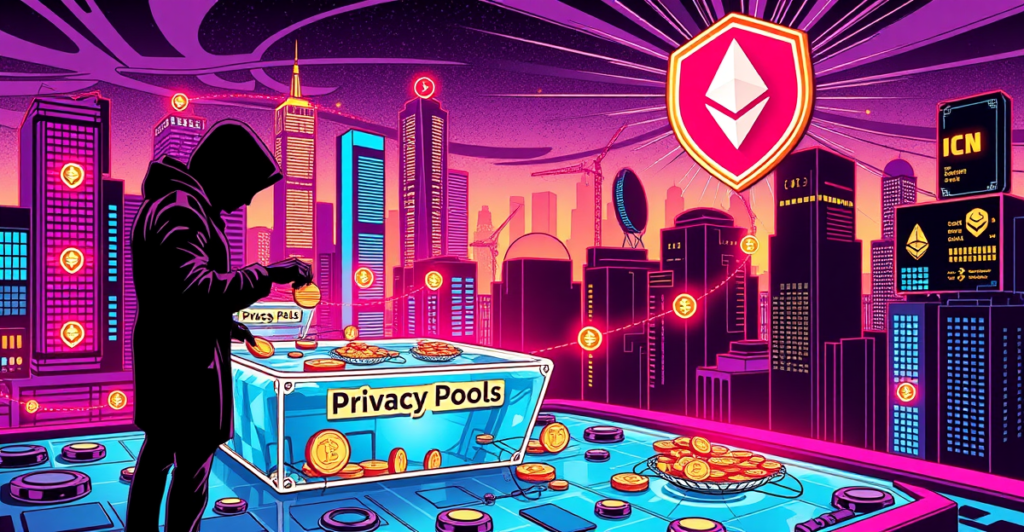 复古漫画风格插画展示以太坊上的Privacy Pools，一个半许可隐私工具，允许用户进行隐私交易。
