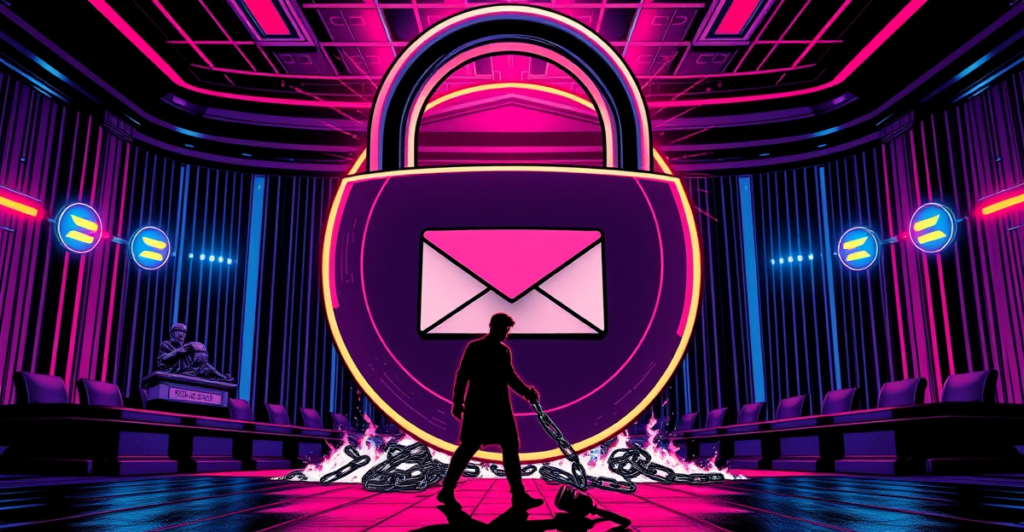 复古漫画风格插图展示印度法院下令封禁Proton Mail，象征隐私与监管的冲突