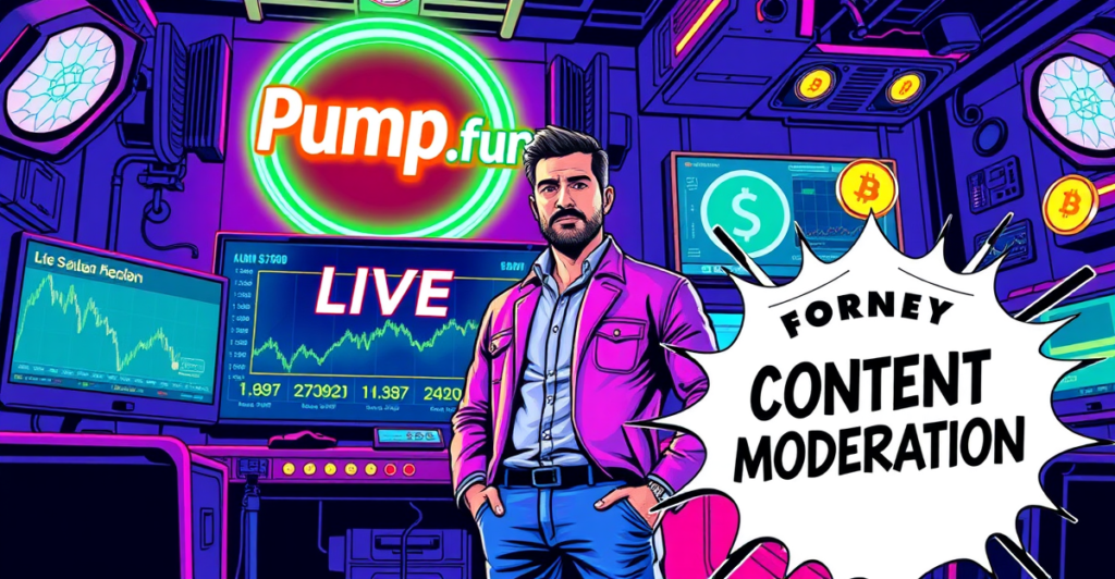 复古漫画风格封面展示Pump.fun直播功能回归，背景是霓虹灯和Solana区块链元素