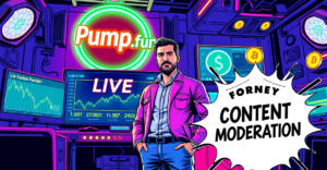 复古漫画风格封面展示Pump.fun直播功能回归，背景是霓虹灯和Solana区块链元素