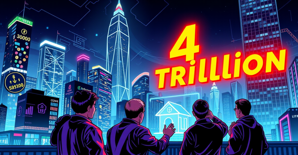 未来城市景观中，高楼大厦上闪烁着数字代币和区块链符号，象征房地产代币化。前景中，一群投资者正在查看全息显示的房产数据。