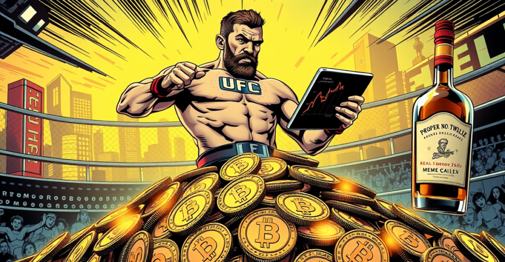 Conor McGregor站在一堆发光的REAL迷因币上，背景是未来城市景观，象征迷因币的潜力与风险