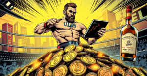 Conor McGregor站在一堆发光的REAL迷因币上，背景是未来城市景观，象征迷因币的潜力与风险