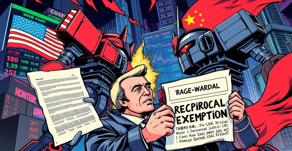 复古漫画风格插图展示美中贸易战，Howard Lutnick手持撤回的互惠关税豁免文件，背景是波动的股市和加密货币市场