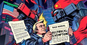 复古漫画风格插图展示美中贸易战，Howard Lutnick手持撤回的互惠关税豁免文件，背景是波动的股市和加密货币市场