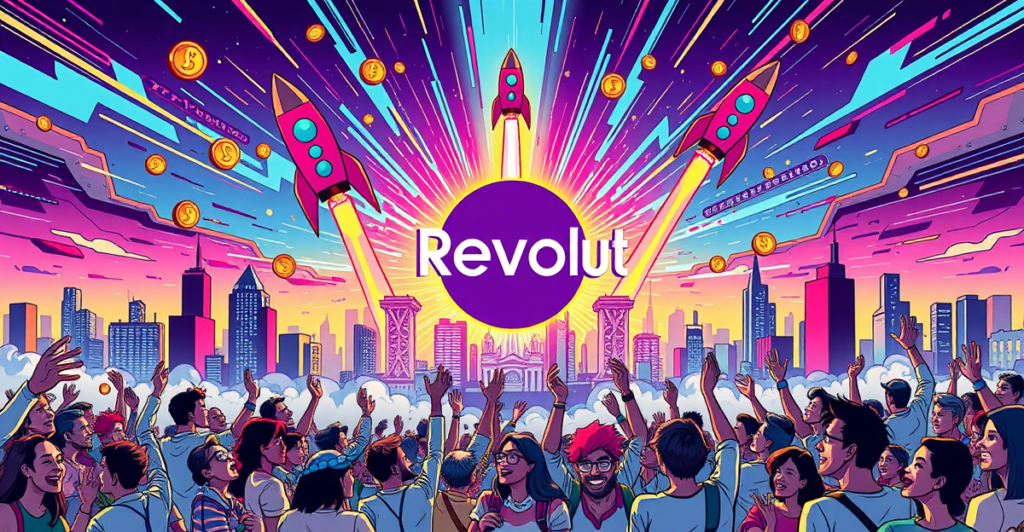 Revolut 2024年利润翻倍的复古漫画风格封面，展示公司标志、数字货币和上升的股票图表