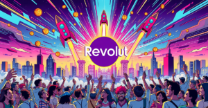 Revolut 2024年利润翻倍的复古漫画风格封面，展示公司标志、数字货币和上升的股票图表