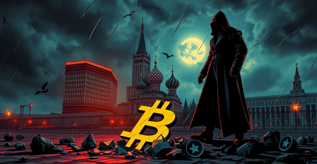 俄罗斯加密货币禁令的复古漫画风格插图，展示阴影中的权威人物站在破碎的加密货币符号上，背景是莫斯科国际商业中心。