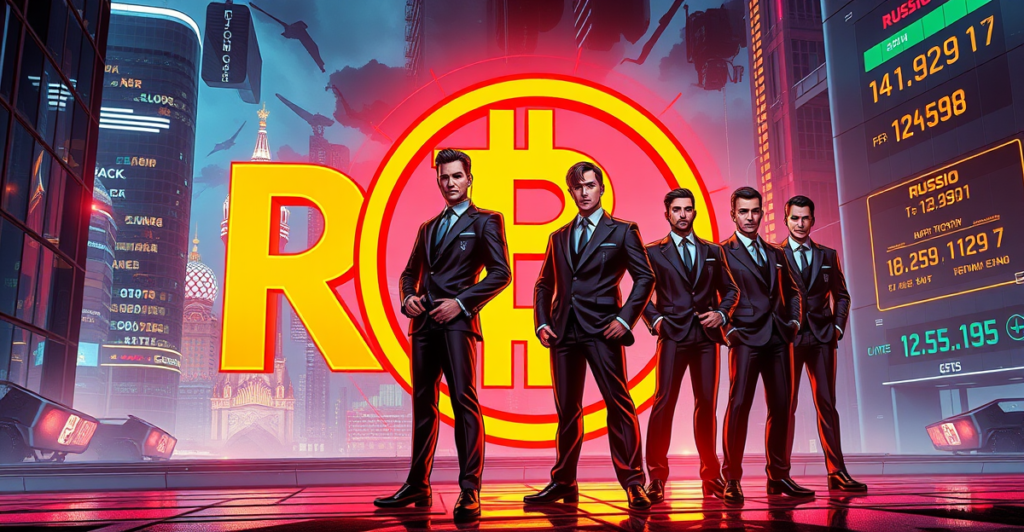 复古漫画风格插画展示俄罗斯加密货币交易所，背景为霓虹灯下的莫斯科天际线