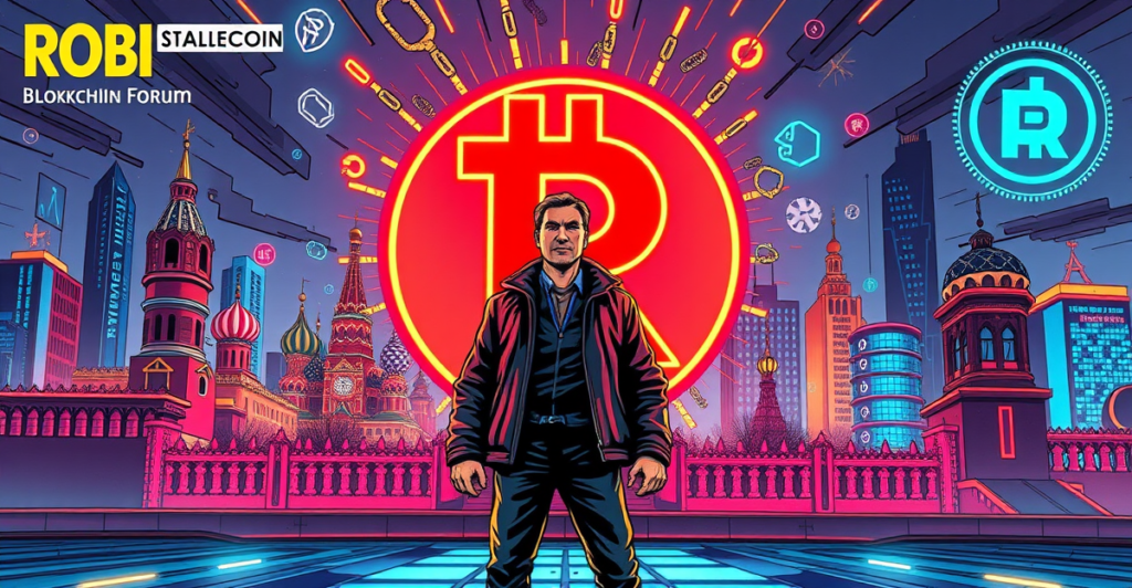 复古漫画风格插图展示莫斯科区块链论坛背景下，俄罗斯卢布稳定币的象征性表现。