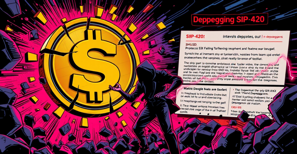 复古漫画风格插图展示sUSD稳定币脱锚危机，背景为市场动荡和SNX价格下跌