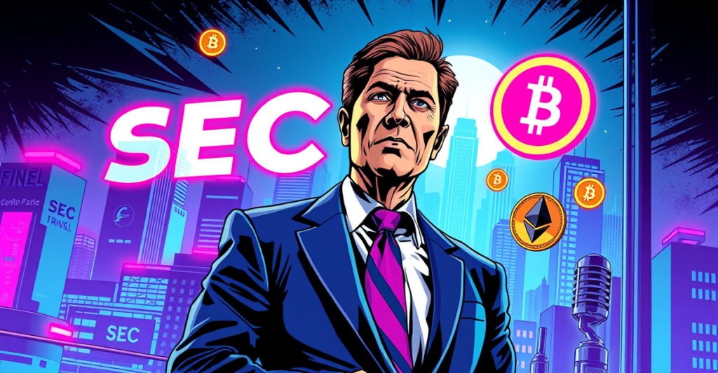 SEC主席保罗·阿特金斯站在未来城市景观前，象征加密货币监管新时代的到来