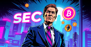 SEC主席保罗·阿特金斯站在未来城市景观前，象征加密货币监管新时代的到来