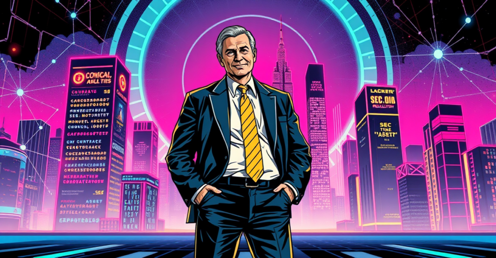 SEC主席保罗·阿特金斯站在象征数字资产未来的城市景观前，背景是区块链技术的抽象表现
