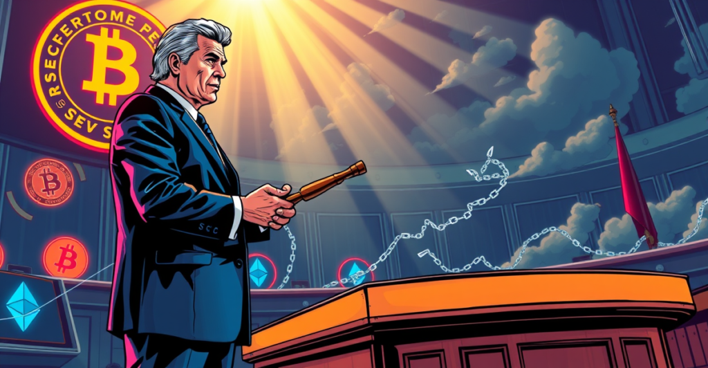 SEC主席站在讲台前，背景是加密货币符号，象征加密监管的新时代