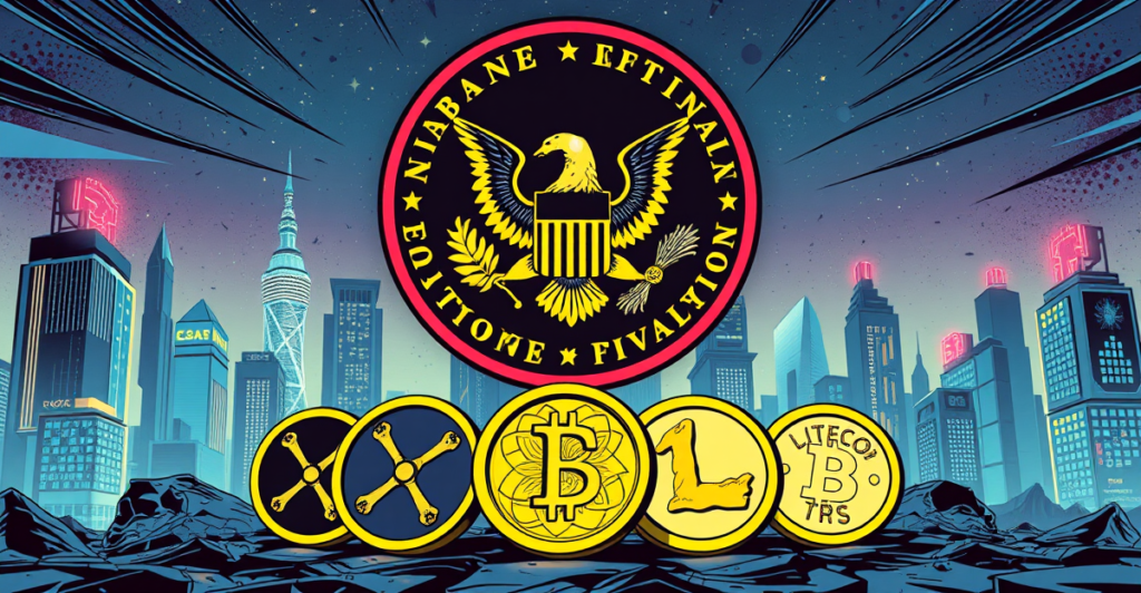 SEC推迟批准XRP、Solana等山寨币ETF的决定，复古漫画风格插图