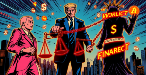 象征性描绘SEC与World Liberty Financial利益冲突的复古漫画风格插图，背景为未来城市景观