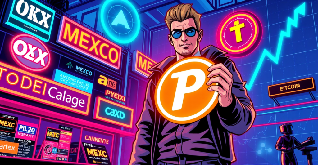 一名交易员手持发光的Pi符号站在数字市场前，背景是上涨的趋势图