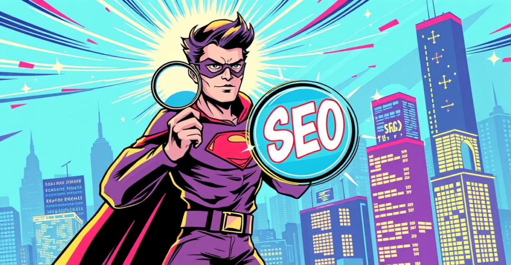 超级英雄角色手持放大镜检查发光的SEO标志，背景是搜索引擎排名的城市景观，象征着SEO优化策略的力量。