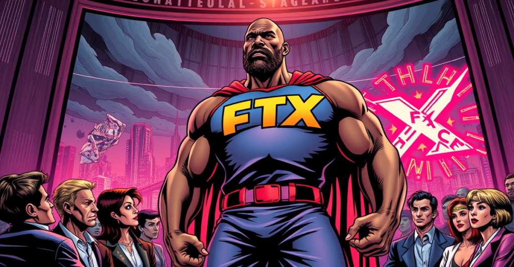 沙奎尔·奥尼尔站在倒塌的FTX标志前，背景是充满动感的法庭场景