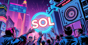复古漫画风格插画展示Solana (SOL)标志在中心发光，前景是投资者伸手触及SOL，背景有股市行情和安全金库。