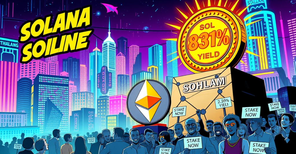 复古漫画风格封面展示Solana质押超越以太坊，背景是数字城市景观