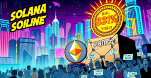 复古漫画风格封面展示Solana质押超越以太坊，背景是数字城市景观