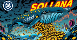 复古漫画风格插画展示Solana巨鲸抛售代币，背景是下跌的市场趋势图