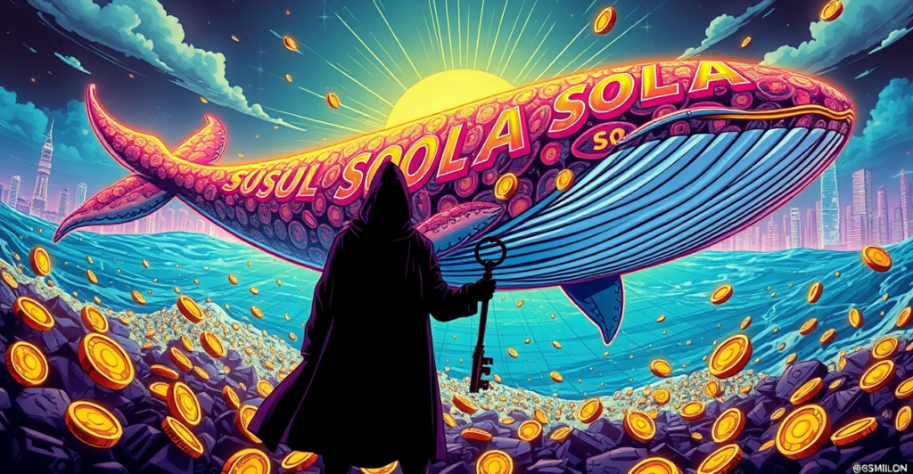 Solana巨鲸质押策略：一只由SOL代币组成的巨鲸在数字金币的海洋中游动，象征从2700万到1.53亿美元的增长