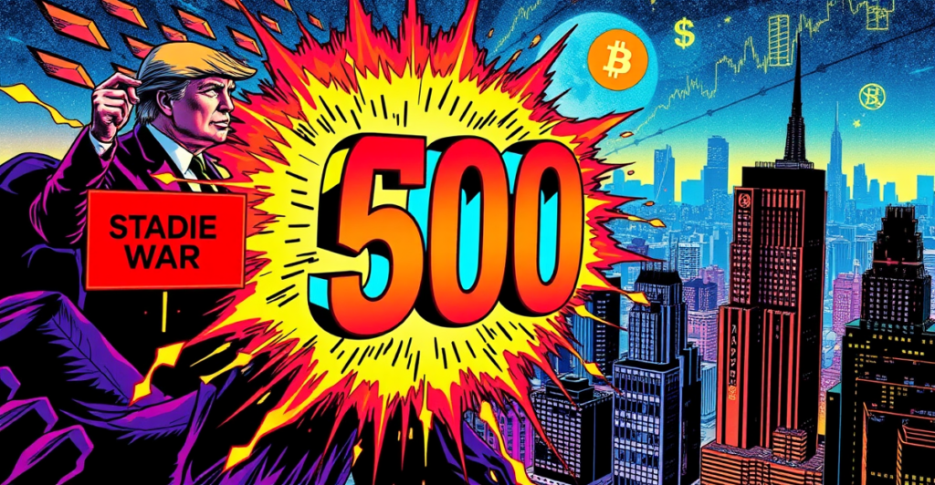 标普500指数符号被充满活力的波动能量波包围，象征其波动性超越比特币，背景是唐纳德·特朗普的剪影和未来城市景观。