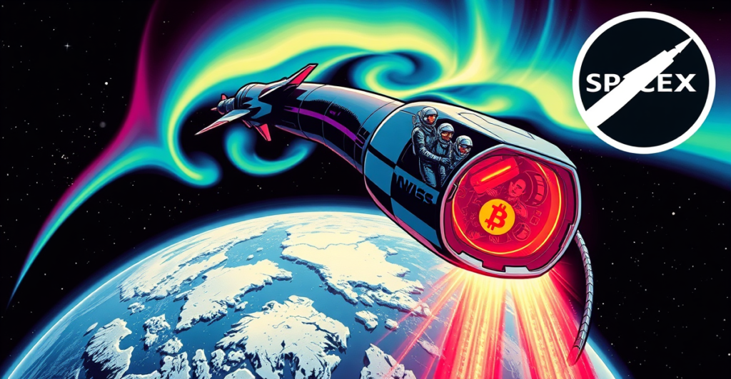 SpaceX Dragon spacecraft with private astronauts orbiting Earth's poles in a retro comic style