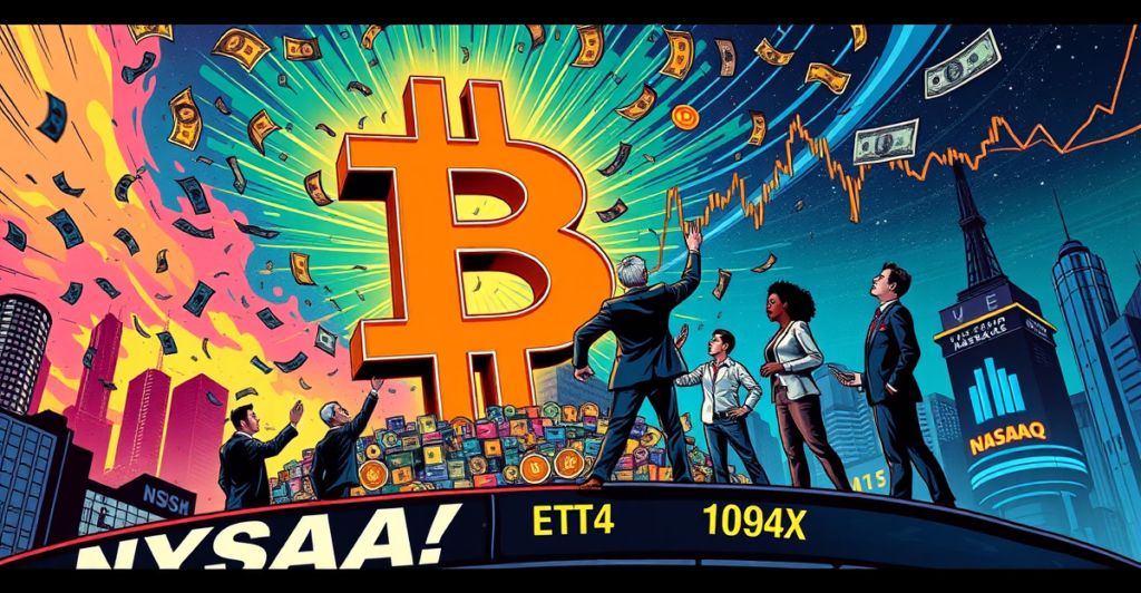 复古漫画风格封面展示比特币符号被投资者围绕，背景是股市图表和城市天际线，象征现货比特币ETF的资金流入热潮。