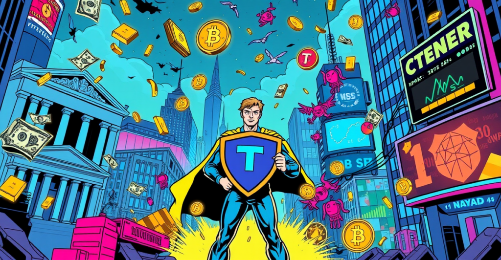 复古漫画风格封面展示未来城市景观，多种货币和商品如金条、美元和数字代币在空中漂浮，前景是象征Tether影响力的英雄人物手持盾牌抵御竞争稳定币的抽象形象。