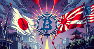 象征日本与美国在稳定币商业化及监管框架探索的复古漫画封面