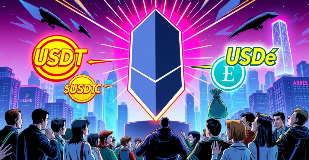 复古漫画风格封面展示Tether (USDT) 标志在稳定币市场中的主导地位，周围是竞争的USDC和USDe标志，背景为霓虹未来城市。